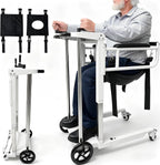 Portable Folding Patient Lift Transfer Chair for Home Use, Self-Operated Mobility Aid for Seniors, Bathroom Wheelchair with Adjustable Height, Alloy Steel, White, No Caregiver Needed