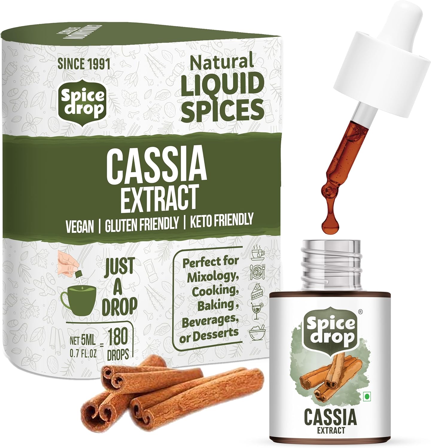 Spice Drop Cinnamon Cassia Extract – Baking, Cooking, Smoothie, Dessert, Coffee, Tea | Premium Quality Rich Aroma & Flavor | No Added Color or Preservative | Sri Lanka Origin | Vegan | 0.17 Oz