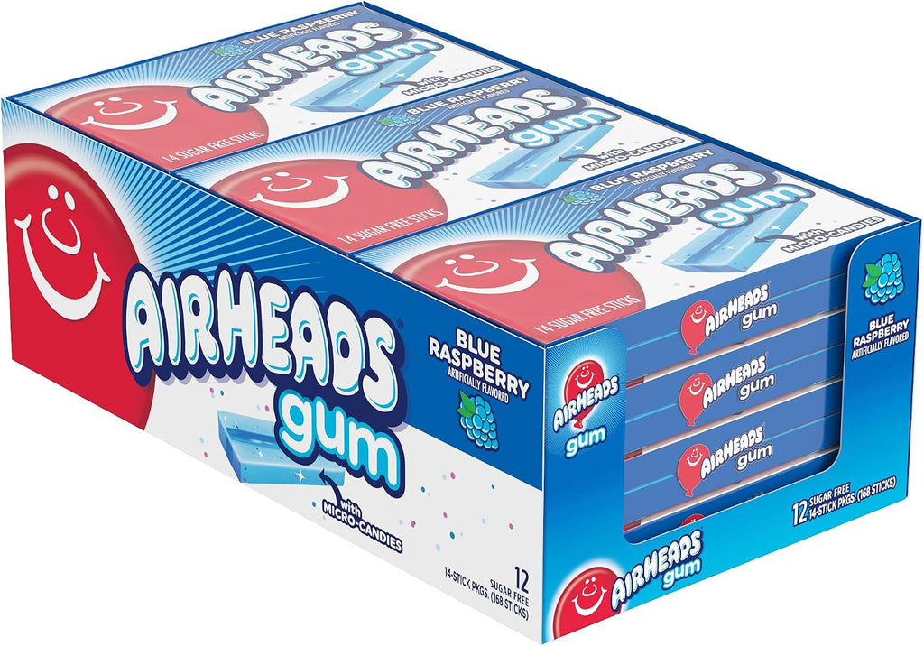 Airheads Chewing Gum, Blue Raspberry Flavor, Easter Basket Essentials Stuffers for Kids and Adults, Sugar Free Gum with Micro-Candies, 14 Sticks (12-Pack)