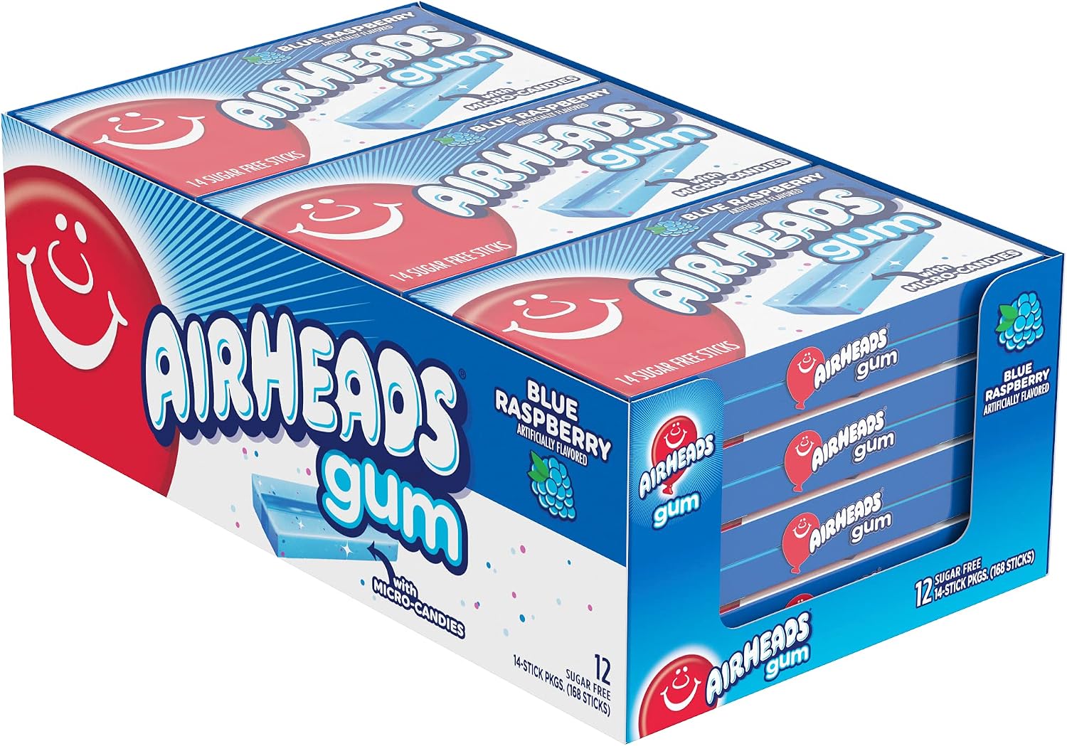Airheads Chewing Gum, Blue Raspberry Flavor, Easter Basket Essentials Stuffers for Kids and Adults, Sugar Free Gum with Micro-Candies, 14 Sticks (12-Pack)