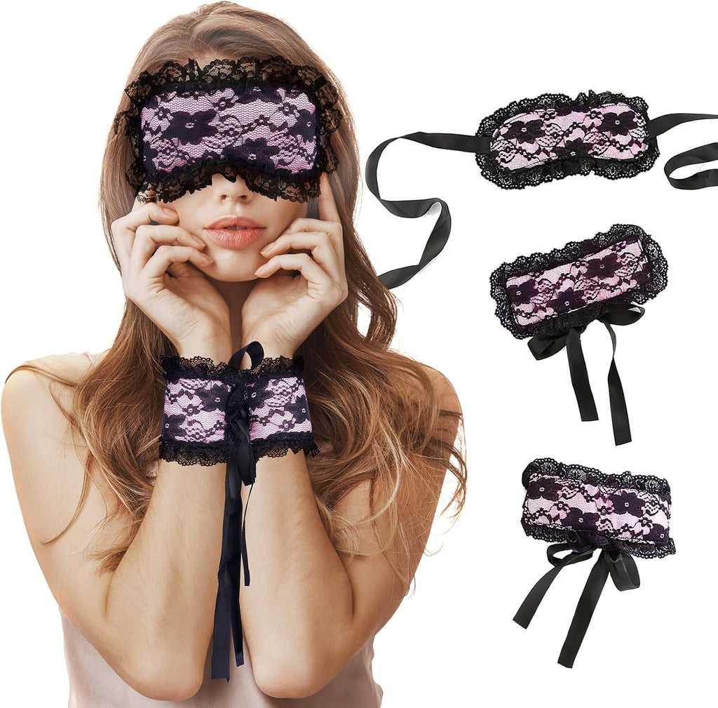 FRESHME Blindfold Sleep Mask and Hand Ties - 3 Pcs Pink Black Cute Comfortable Lace Blackout Sleeping Eye Mask Cover Blind Folds for Couples Women, Lovely Valentines Day Gift for Her Girlfriend Wife