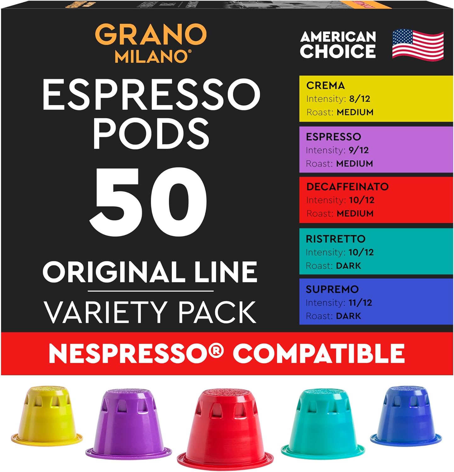 Grano Milano Variety Pack with Decaf - 50 Espresso Pods Compatible with Nespresso Original line - Medium & Dark Roast Coffee Capsules Made in Italy Espresso Coffee