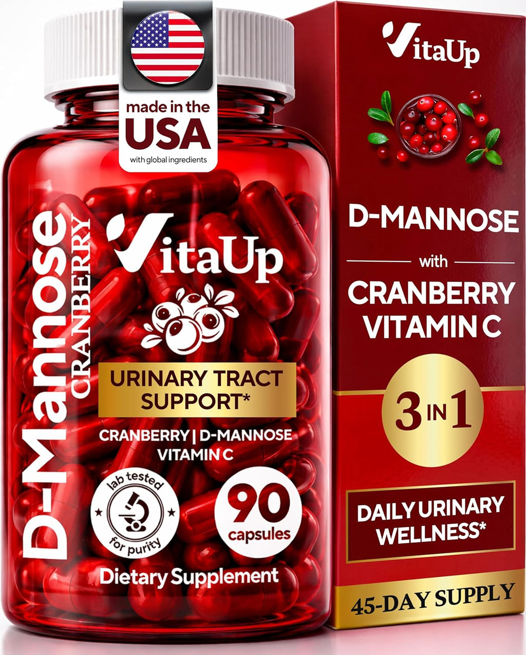 VitaUp D-Mannose Supplements for Women – USA Made D-Mannose with Cranberry & Vitamin C – Cranberry Pills for Women for Urinary Tract & Bladder, Immune Support – 90 Vegan Capsules