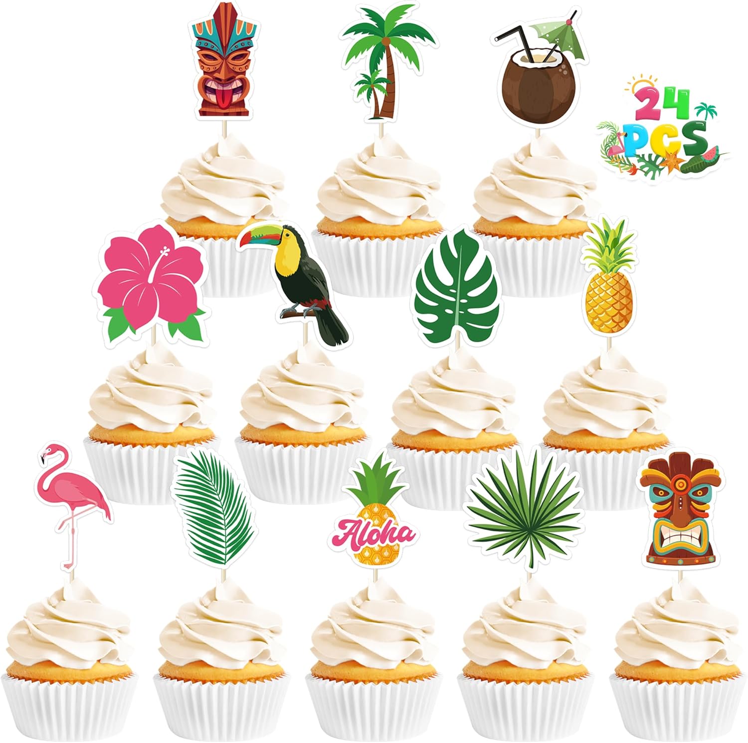 24 Pcs Hawaiian Cupcake Toppers, Disposable Pineapple Flower Palm Tree Flamingo Cake Picks, Aloha Cake Decorations for Summer Hawaiian Luau Theme Birthday, Wedding Party Supplies