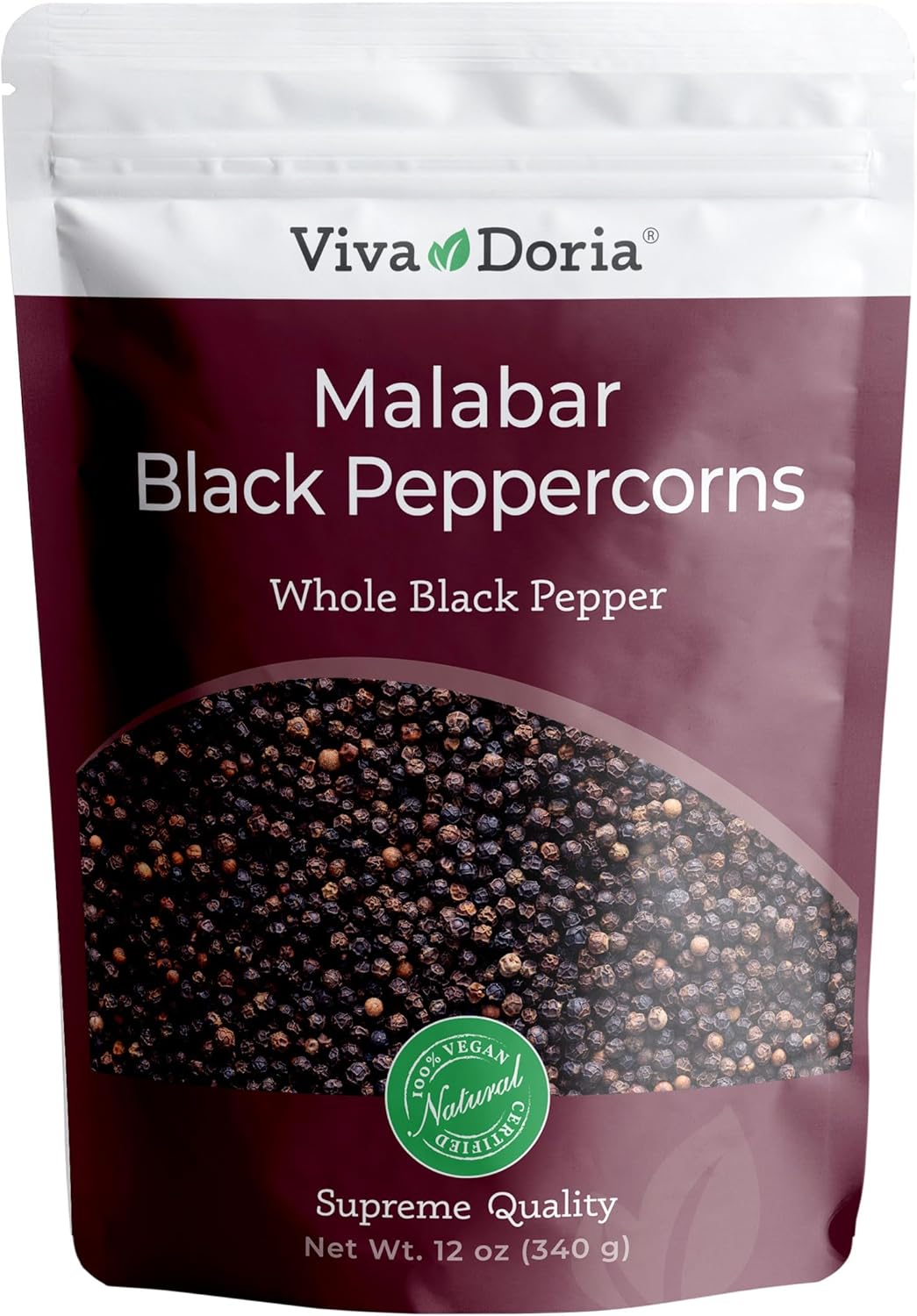 Viva Doria Malabar Black Peppercorns, Whole Black Pepper, Black Peppercorn For Grinder Refills, 12 Ounces