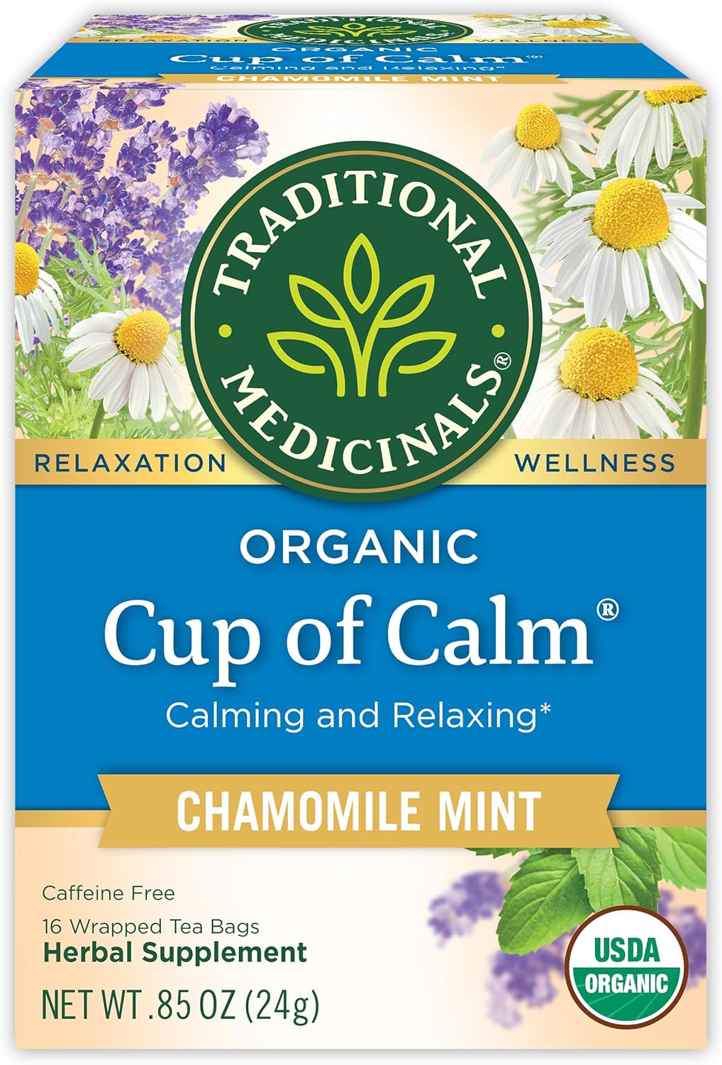 Traditional Medicinals Tea, Organic Cup of Calm, Calming & Relaxing with Chamomile Mint, 16 Tea Bags