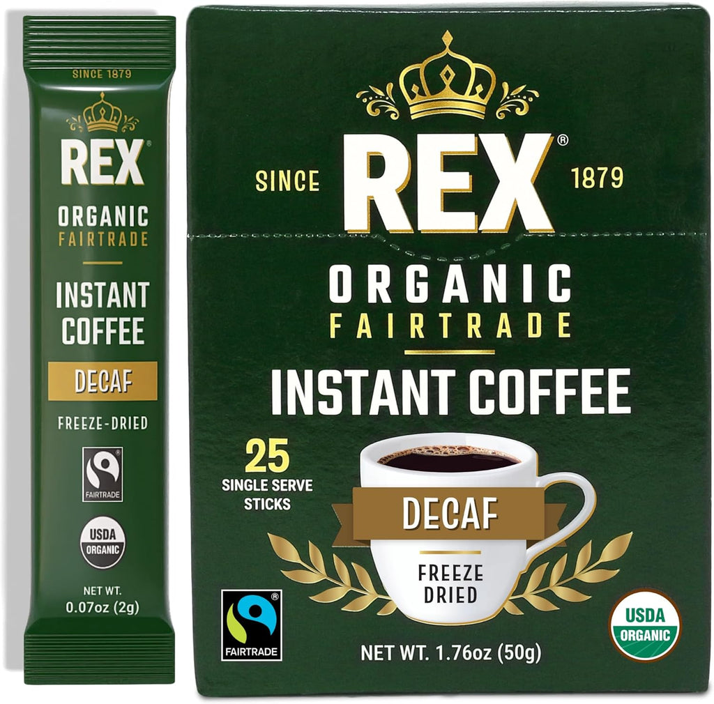 Rex Coffee Organic Fairtrade Natural Decaf Freeze-Dried Instant Sticks – Naturally Decaffeinated Arabica, 25 Single-Serve Packs – Lab Tested for Mold, Mycotoxins, Heavy Metals, & Acrylamide