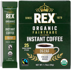Rex Coffee Organic Fairtrade Natural Decaf Freeze-Dried Instant Sticks – Naturally Decaffeinated Arabica, 25 Single-Serve Packs – Lab Tested for Mold, Mycotoxins, Heavy Metals, & Acrylamide