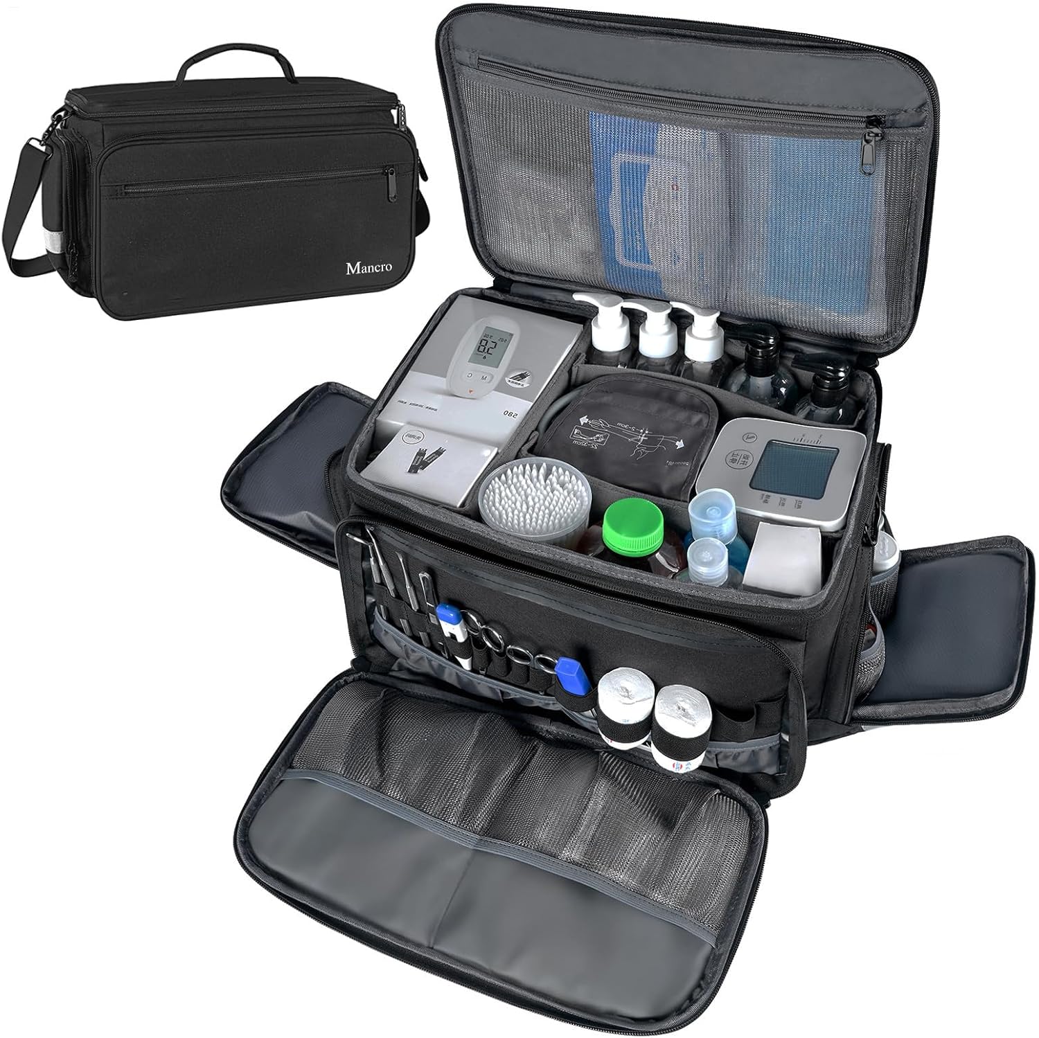 Mancro Medical Bag, Home Health Nurse Bag with Nonslip Bottom, Removable Shoulder Strap, Water-Resistant Empty First Aid Organizer for Medical Student, Therapist, Black