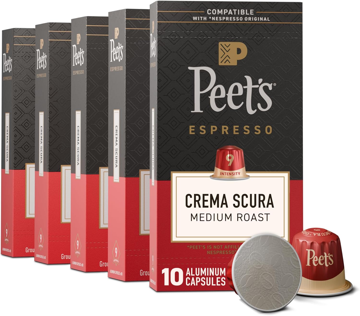 Peet's Coffee, Medium Roast Espresso Capsules, Compatible with Nespresso Original Machine, 100% Arabica Coffee - Crema Scura Intensity 9, 50 Count (5 Boxes of 10 Espresso Capsules)