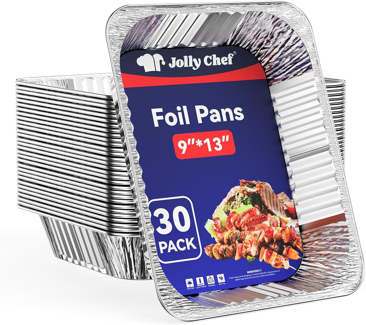 JOLLY CHEF 9x13 Aluminum Foil Pans (30 Pack) - Disposable Half Size Deep Steam Foil Pans for Roasting Turkey, Lasagna, Casseroles - Thanksgiving, Christmas, Parties, Catering