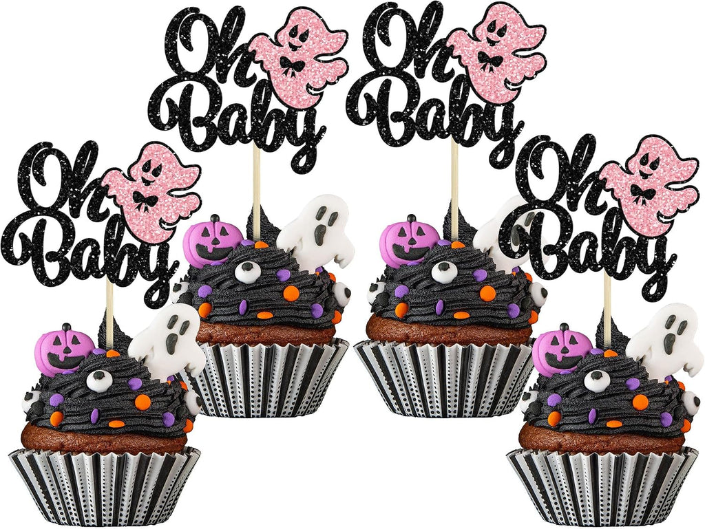 Gyufise 24Pcs Ghost Oh Baby Cupcake Toppers Glitter Bow Spooky Halloween Cupcake Pick Decorations for Halloween Theme Baby Shower Kids Birthday Party Supplies Black