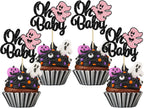 Gyufise 24Pcs Ghost Oh Baby Cupcake Toppers Glitter Bow Spooky Halloween Cupcake Pick Decorations for Halloween Theme Baby Shower Kids Birthday Party Supplies Black