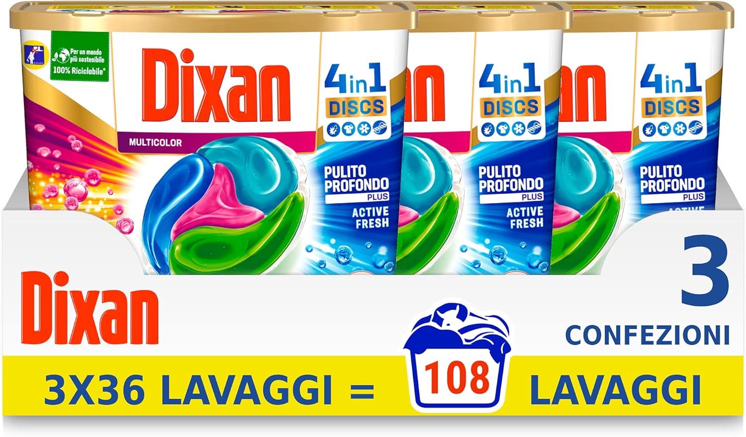 Dixan Discs Multicolor Predosed Washing Machine in Capsules for Coloured Garments 4 in 1-3 x 36 Washes (108 washes)