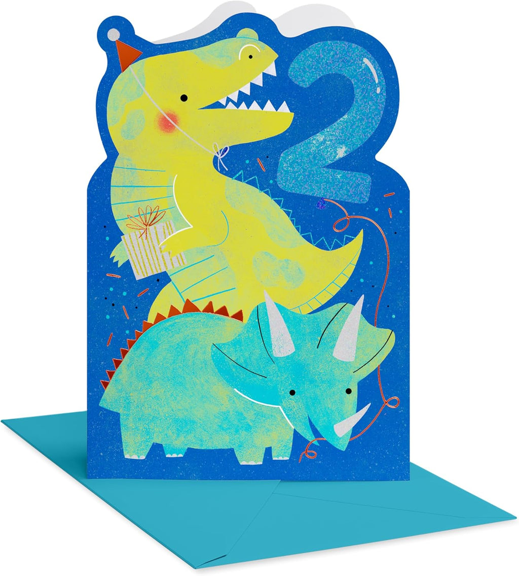 American Greetings Dinosaur 2nd Birthday Card for Toddler Kids, Happy Birthday Card for 2-Year-Old Boys or Girls (Twice as Nice)