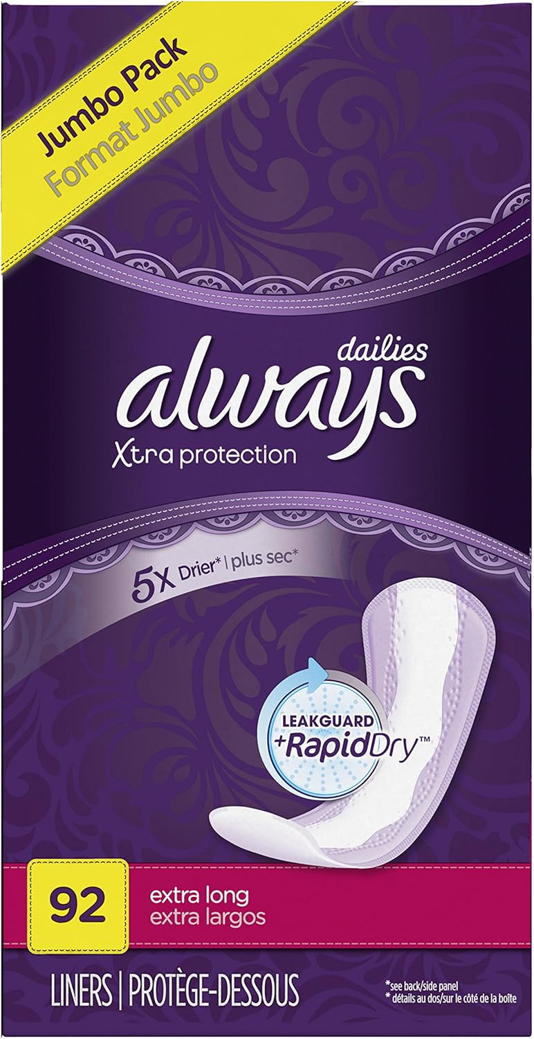 Always Xtra Protection Dailies Extra Long Panty Liners, Unscented, 92 Count