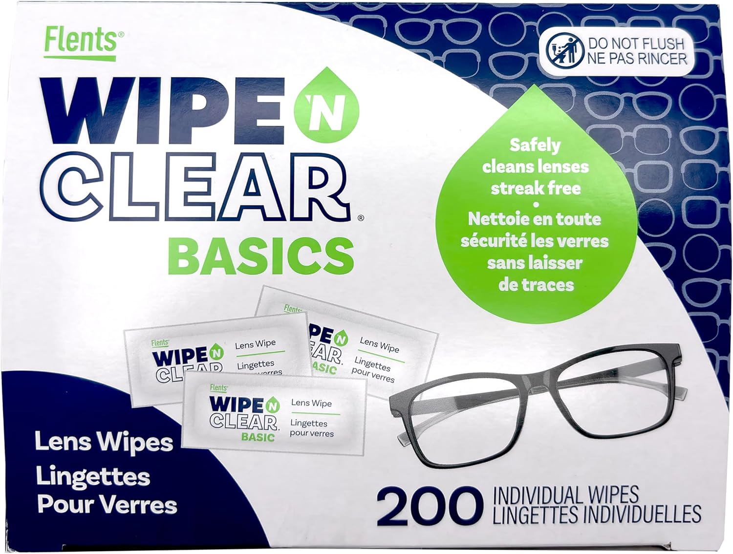 Flents Lens Wipes, Wipe 'N Clear Basic, 200 Count, Pre-Moistened, Streak-Free, Safe for Glasses, Sunglasses, Gentle Cleaning, Clear Vision, Streak-Free, Individually Wrapped for Travel & Convenience