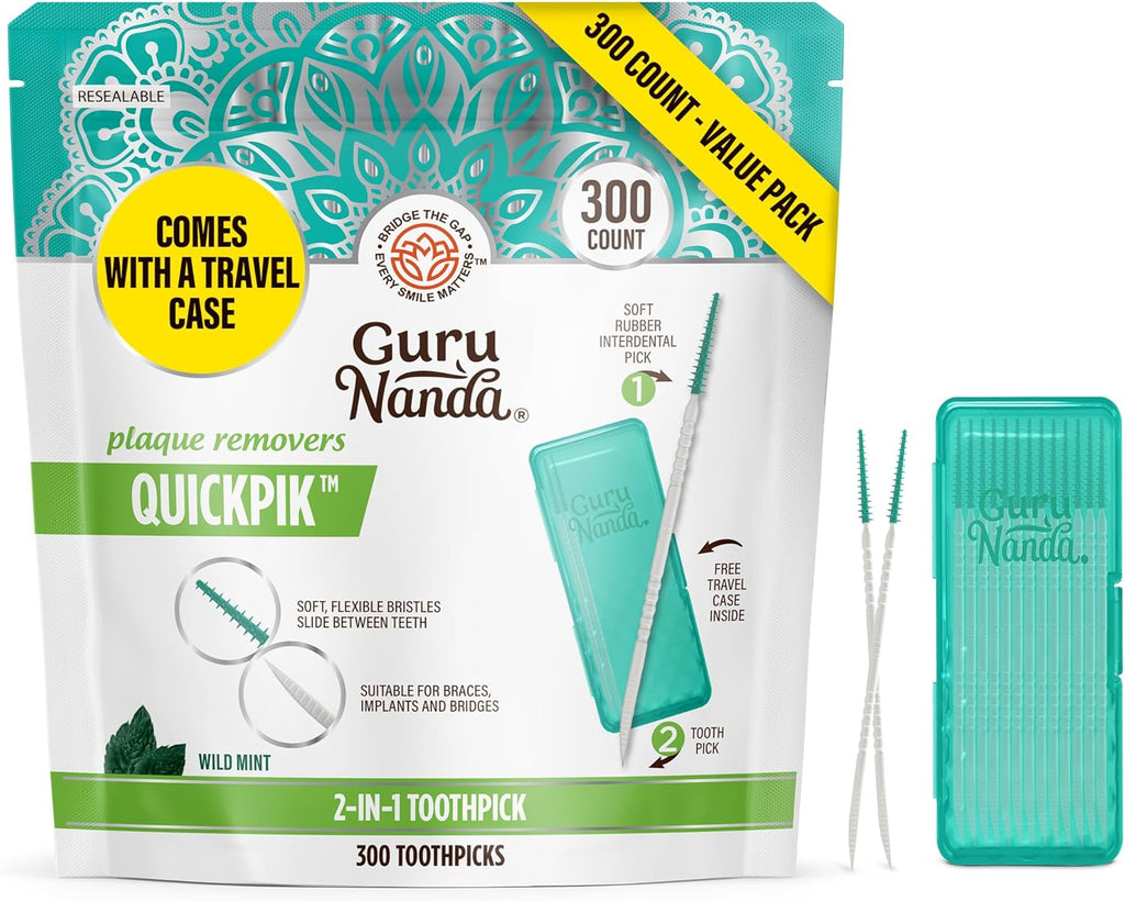 GuruNanda 2-in-1 QuickPik Toothpick & Interdental Pick – Soft Rubber Bristles for Plaque Removal & Improved Oral Care, Comes with a Travel Case for On-The-Go Use, 300 Ct