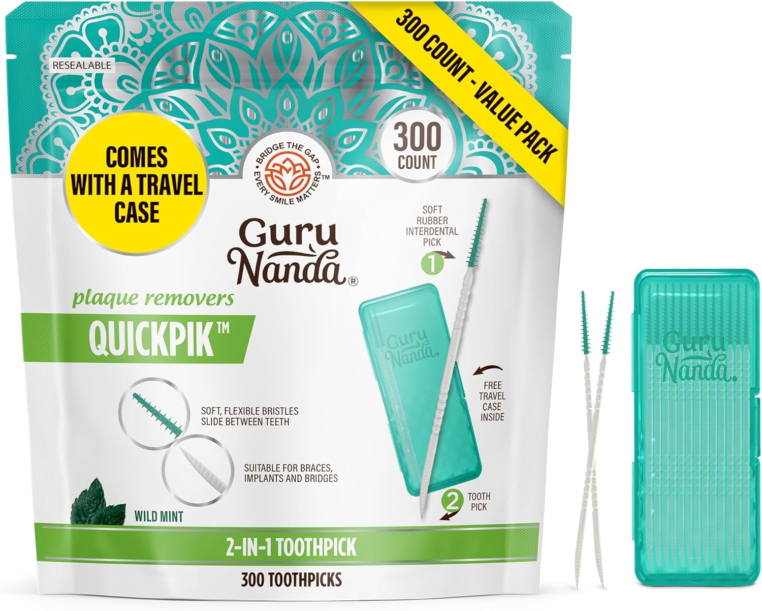 GuruNanda 2-in-1 QuickPik Toothpick & Interdental Pick – Soft Rubber Bristles for Plaque Removal & Improved Oral Care, Comes with a Travel Case for On-The-Go Use, 300 Ct