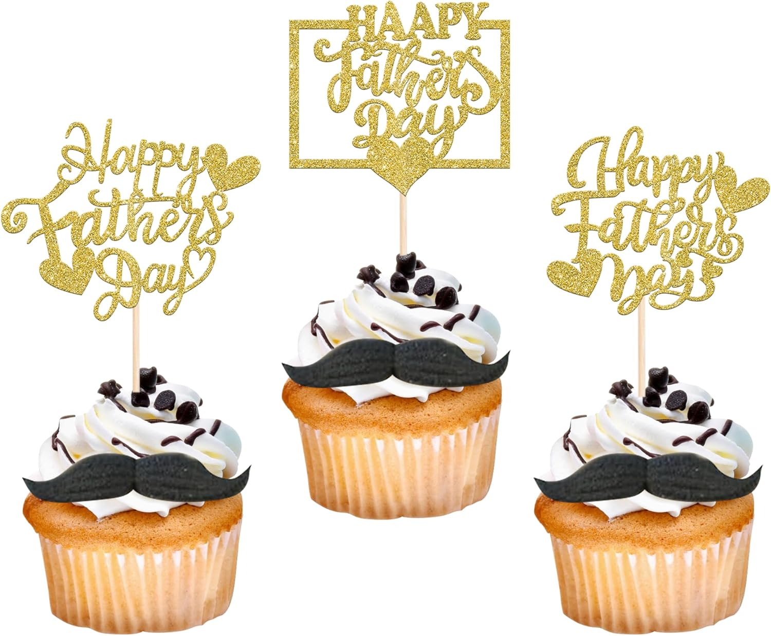24 Pack Happy Father's Day Cupcake Toppers Glitter Love Heart appy Father's Day Cupcake Picks Love Dad Best Dad Cake Decorations for Father's Day Theme Men Birthday Party Supplies Gold