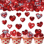 56PCS Edible Crystal Heart Cupcake Toppers Wafer Paper Red Diamond Heart Cupcake Picks Be Mine Cake Decor for Valentine's Day Theme Engagement Party Decoration Supplies