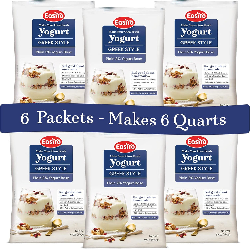 EasiYo Greek Style Plain 2% Yogurt Base (6-pack, 42 Servings) with Live Cultures | Easy & Fresh Homemade Yogurt | Use with EasiYo Maker | New Zealand Milk from Grass Fed Cows