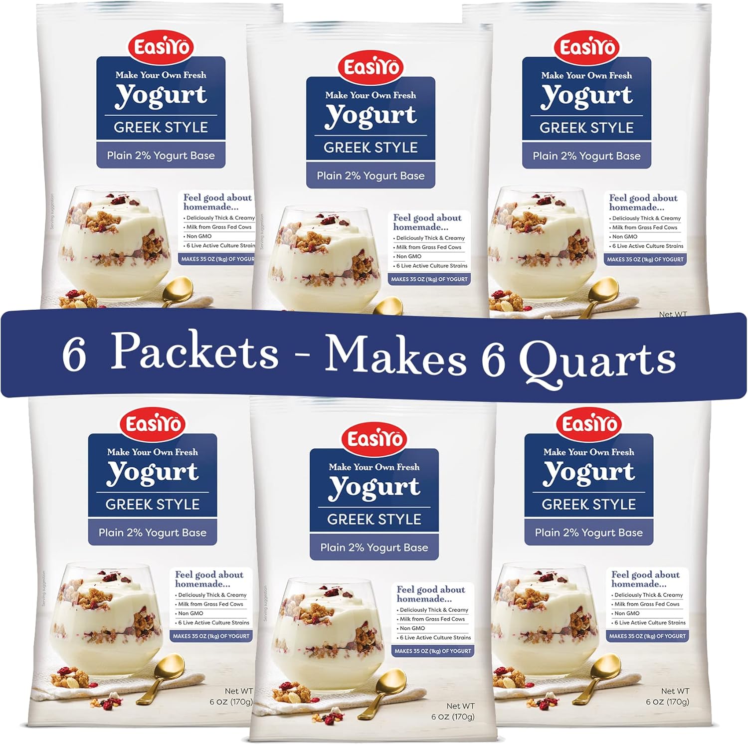 EasiYo Greek Style Plain 2% Yogurt Base (6-pack, 42 Servings) with Live Cultures | Easy & Fresh Homemade Yogurt | Use with EasiYo Maker | New Zealand Milk from Grass Fed Cows