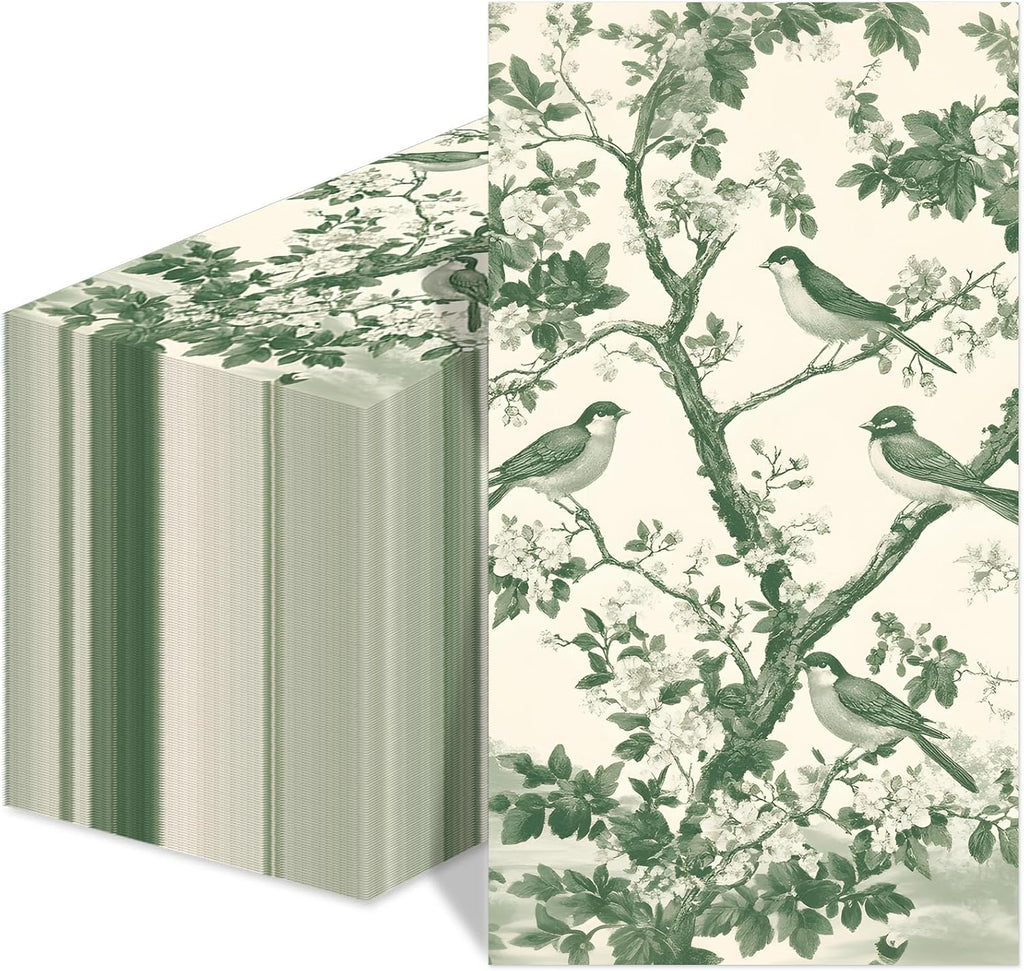 100pcs Green Bird Guest Napkins Spring Floral Bird Toilet Paper Napkins Special Bird and Tree Decorative Disposable Hand Towels for Bathroom Bridal Baby Shower Garden Tea Party Birthday Party Supplies