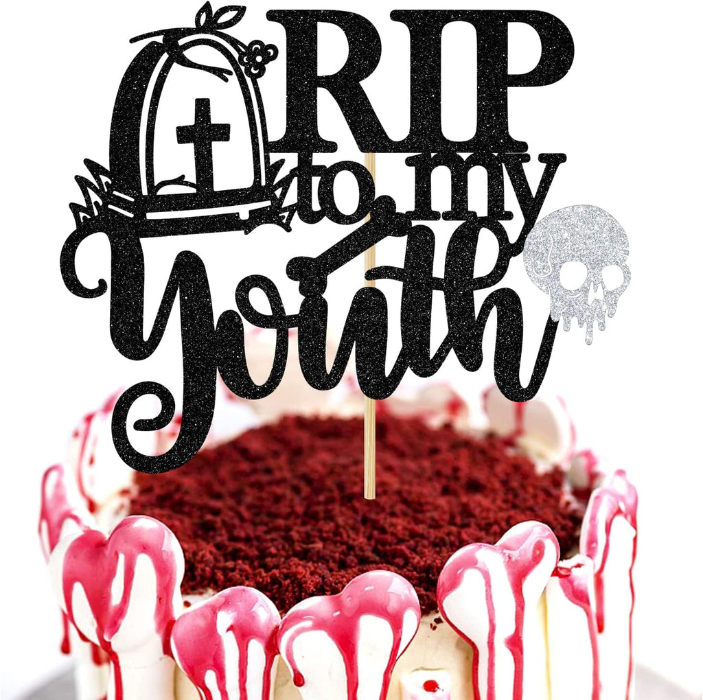Rip to My Youth Cake Topper, Death to My Youth/Here Lies Your Youth, Funny Halloween 30th/40th/50th Birthday Party Decorations Supplies, Black Glitter