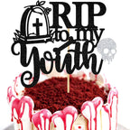 Rip to My Youth Cake Topper, Death to My Youth/Here Lies Your Youth, Funny Halloween 30th/40th/50th Birthday Party Decorations Supplies, Black Glitter