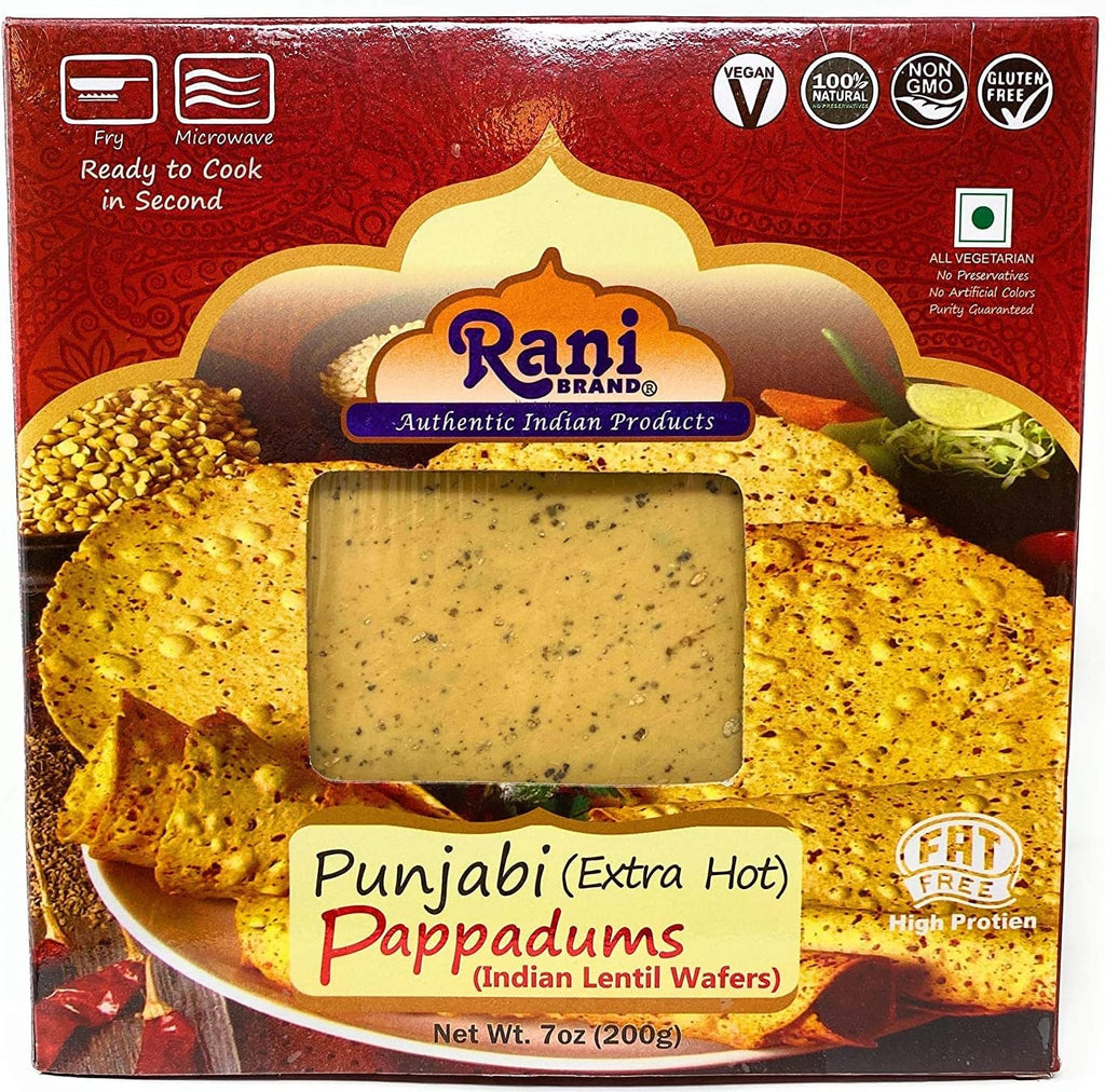Rani Pappadums (Indian Lentil Wafer Snack) Punjabi Papad - Extra Hot, 7oz (200g) Approximately 15pc, 7 inches ~ All Natural | Gluten Friendly | NON-GMO | Vegan | Indian Origin
