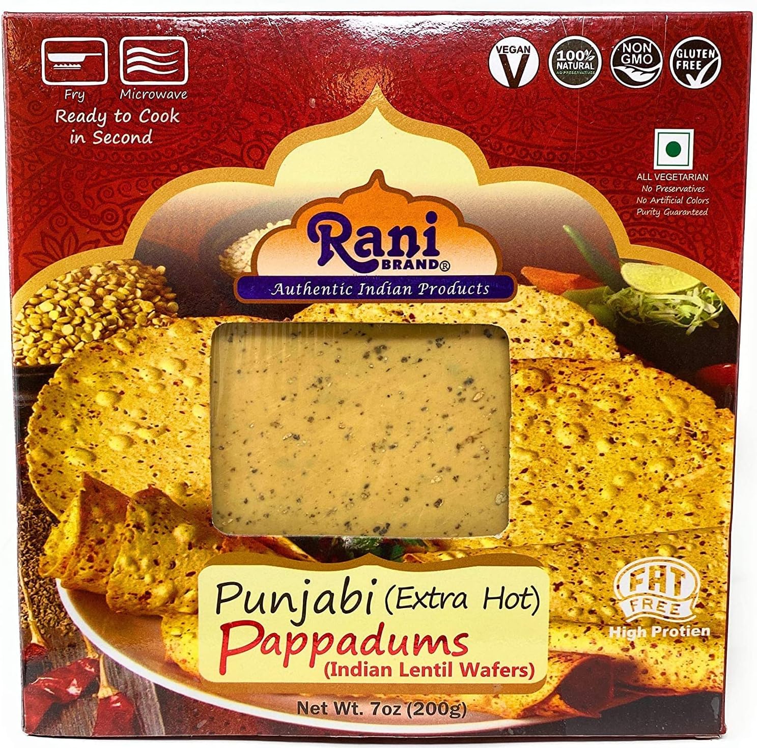 Rani Pappadums (Indian Lentil Wafer Snack) Punjabi Papad - Extra Hot, 7oz (200g) Approximately 15pc, 7 inches ~ All Natural | Gluten Friendly | NON-GMO | Vegan | Indian Origin