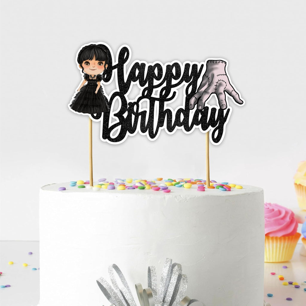 "Wednsday Happy Birthday Cake Topper – Spooky Gothic Theme Birthday Party Decoration – Creepy and Cool Cake Decoration for Adults – Addams Family Inspired Party Supplies for Halloween & Birthdays"