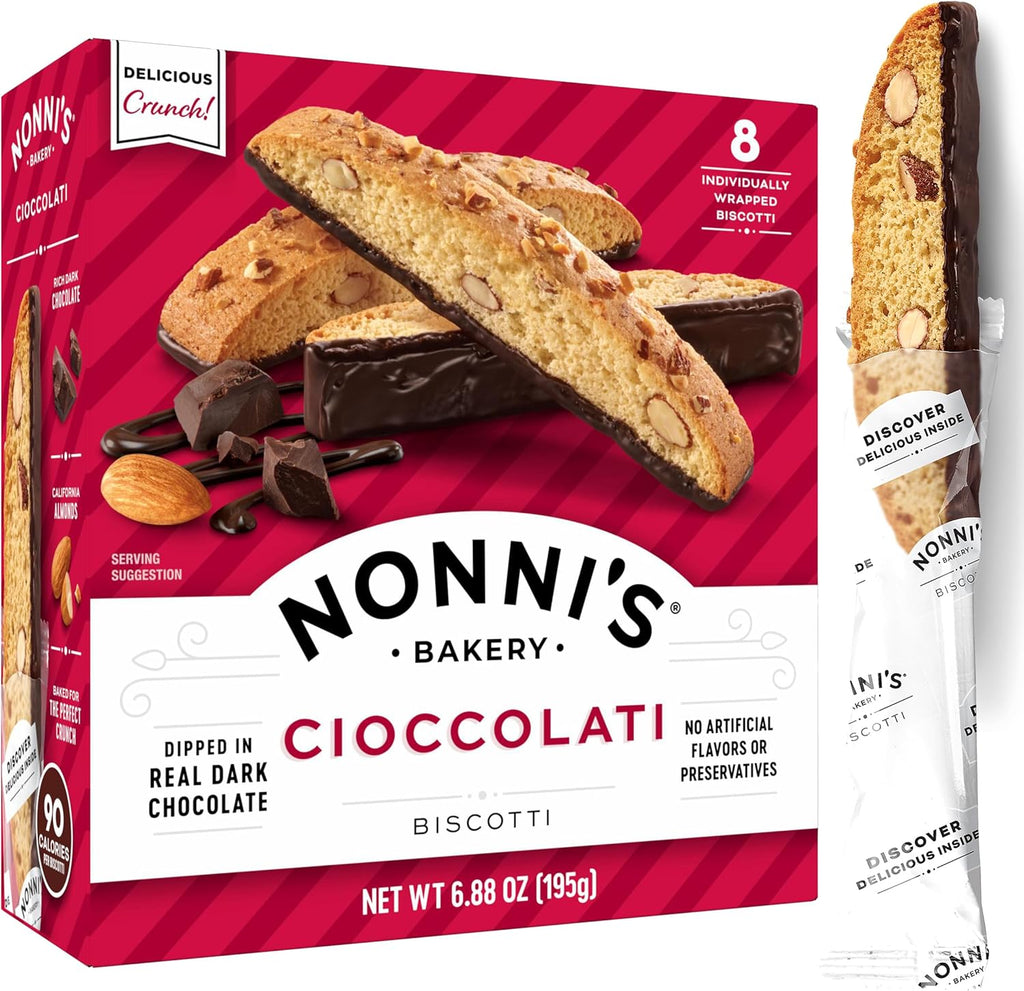 Nonni's Cioccolati Biscotti Italian Cookies, Dark Chocolate Almond Individually Wrapped Gourmet Coffee & Tea Dipping Snack, Crunchy Twice-Baked, 6.88 oz 8 Count
