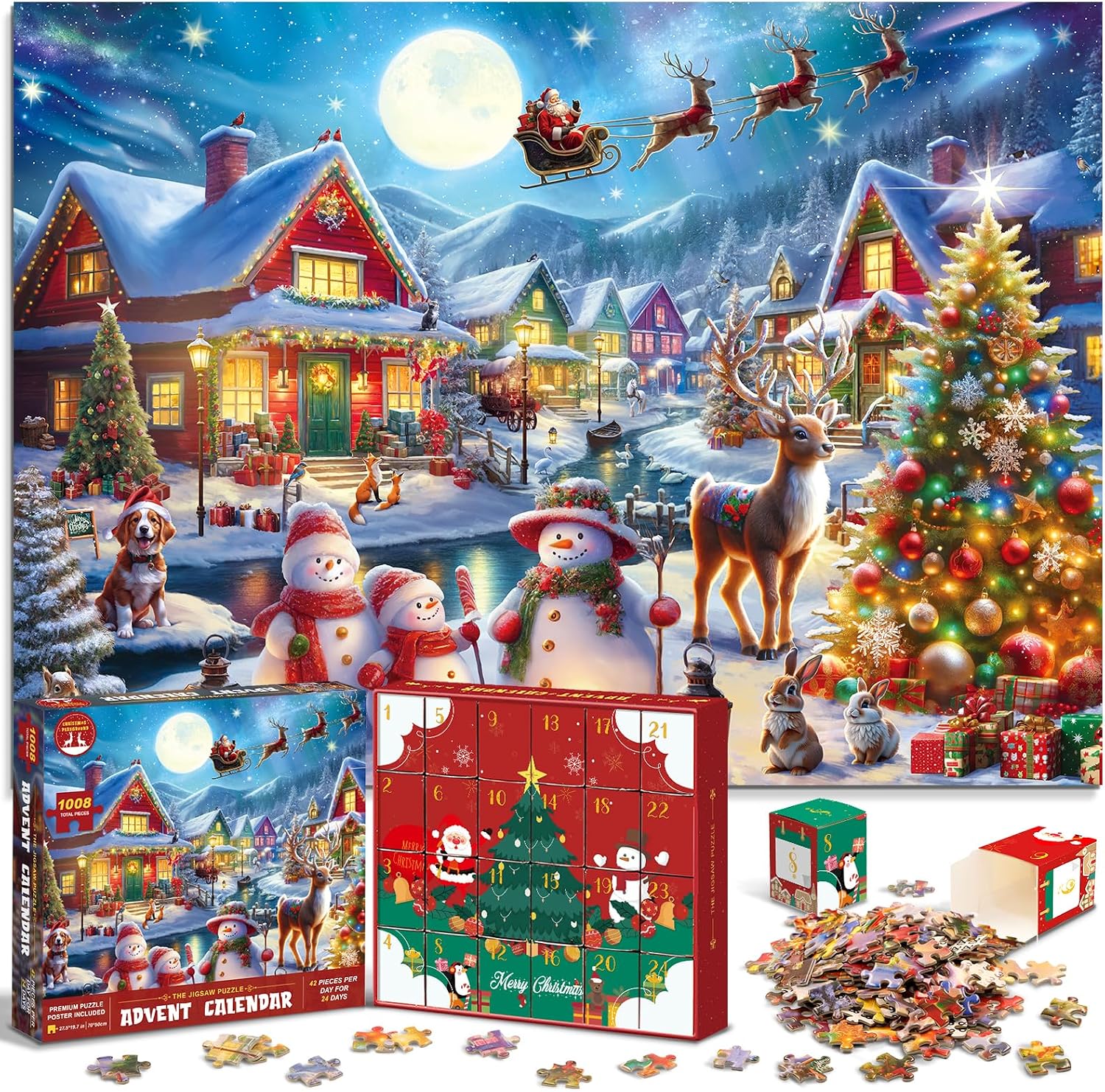 Jigsaw Puzzle Advent Calendar 2025 for Kids and Adults- 1008 Pieces Puzzle 24 Days Christmas Countdown Calendar Family Game Christmas Gifts for Kids Adults - Santa's Secret Village(27.56 x 19.68 Inch)