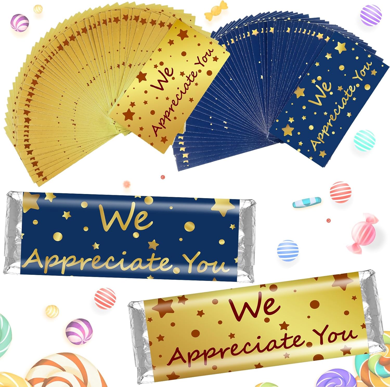 Moinchore 100 Pcs Teacher Appreciation Gifts Employee Appreciation Gifts We Appreciate You Chocolate Candy Wrappers for Paraprofessional Team Party Favor DIY Lover Birthday Graduation(Star)