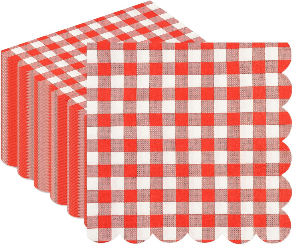 50PCS Red Scalloped Gingham Paper Napkins - Red and White Striped Luncheon Napkin, Checkered Dessert Napkins, Disposable Decorations Supplies for Birthday Baby Shower Wedding Party