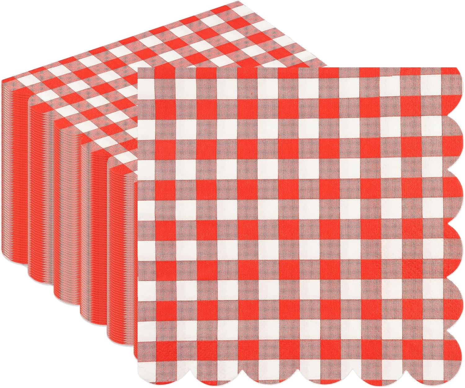 50PCS Red Scalloped Gingham Paper Napkins - Red and White Striped Luncheon Napkin, Checkered Dessert Napkins, Disposable Decorations Supplies for Birthday Baby Shower Wedding Party