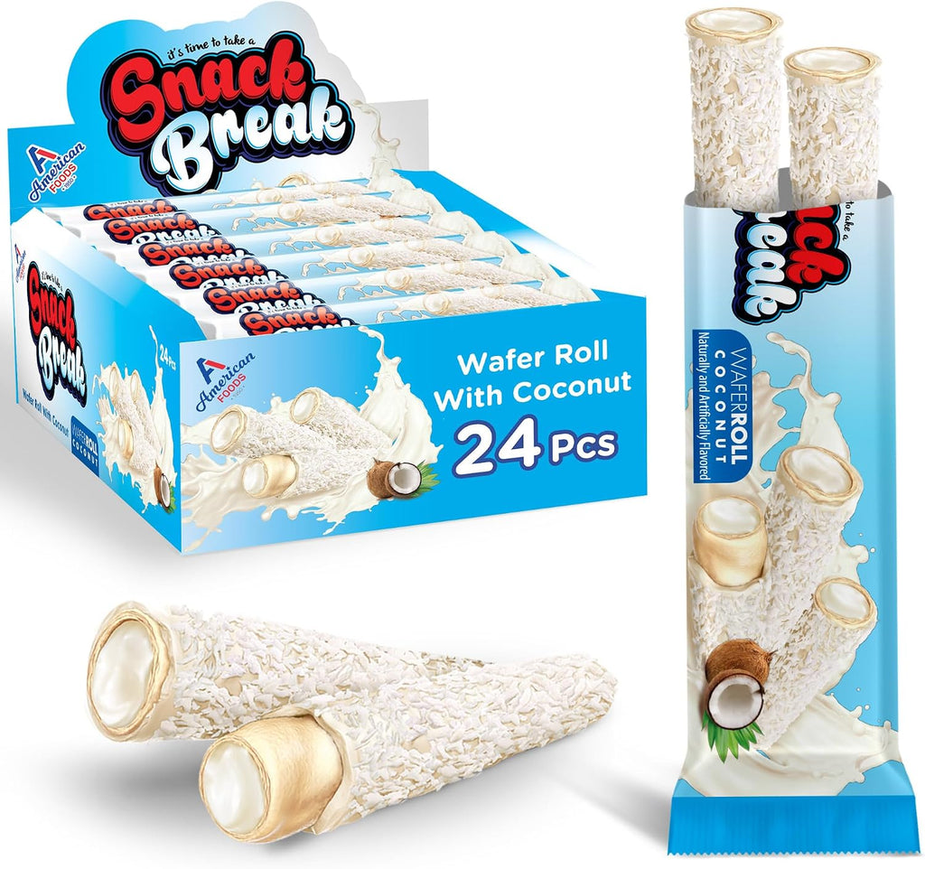 Snack Break Coconut Wafer Rolls, Rolled Wafer Cookies, Coconut Coated Delicious Snack, Individually Wrapped, Crunchy Sticks for On-the-Go, Coffee, Tea, Pack of 24
