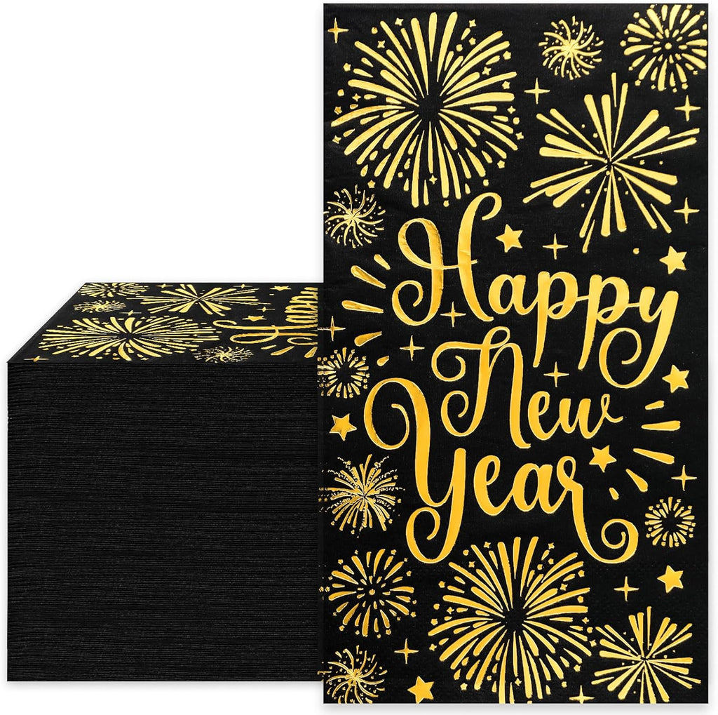 Whaline 80Pcs Happy New year Guest Paper Napkin Black Gold Foil Firework Disposable Guest Hand Towel Christmas Bathroom Napkin for Party Table Decor