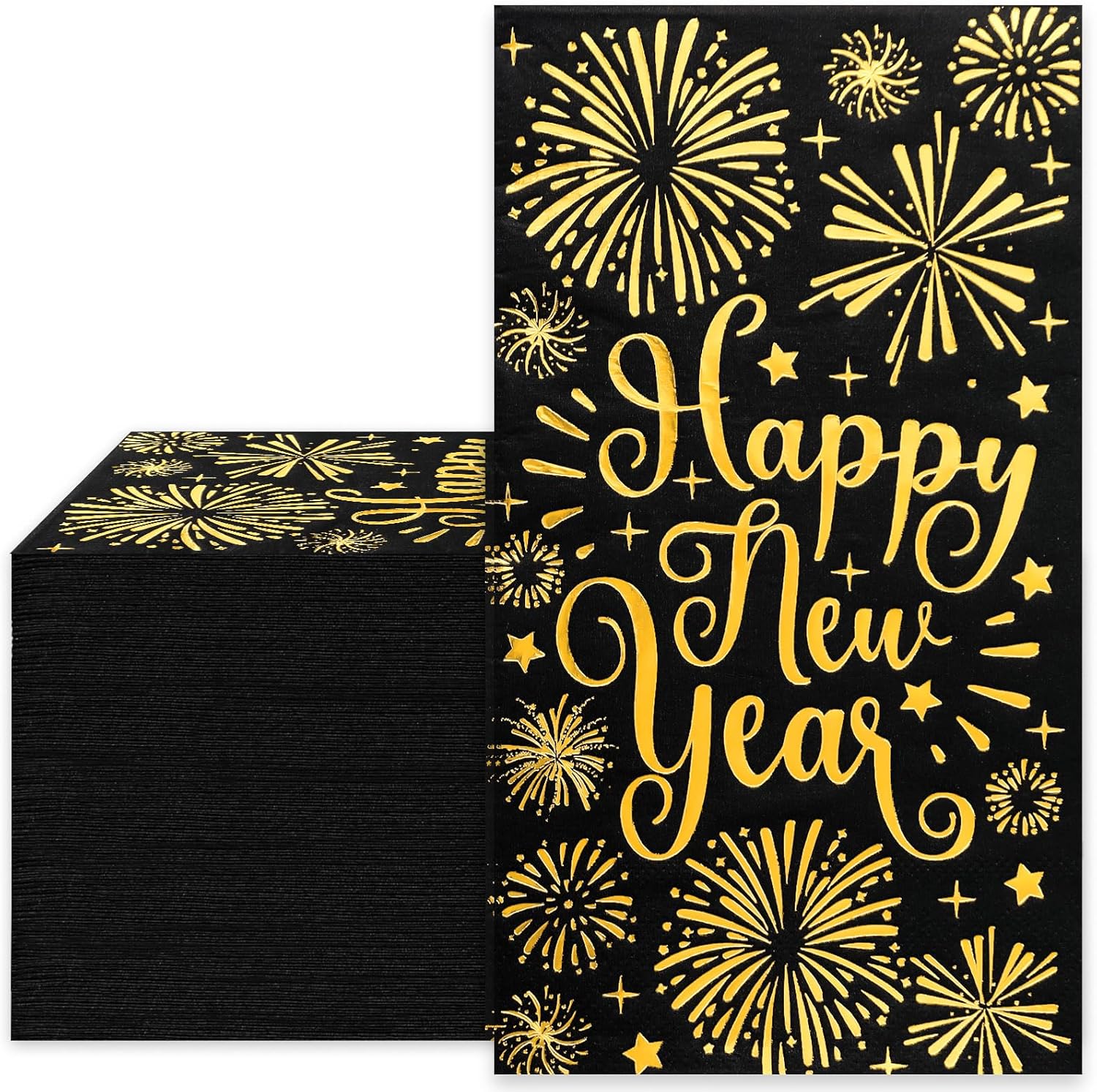 Whaline 80Pcs Happy New year Guest Paper Napkin Black Gold Foil Firework Disposable Guest Hand Towel Christmas Bathroom Napkin for Party Table Decor