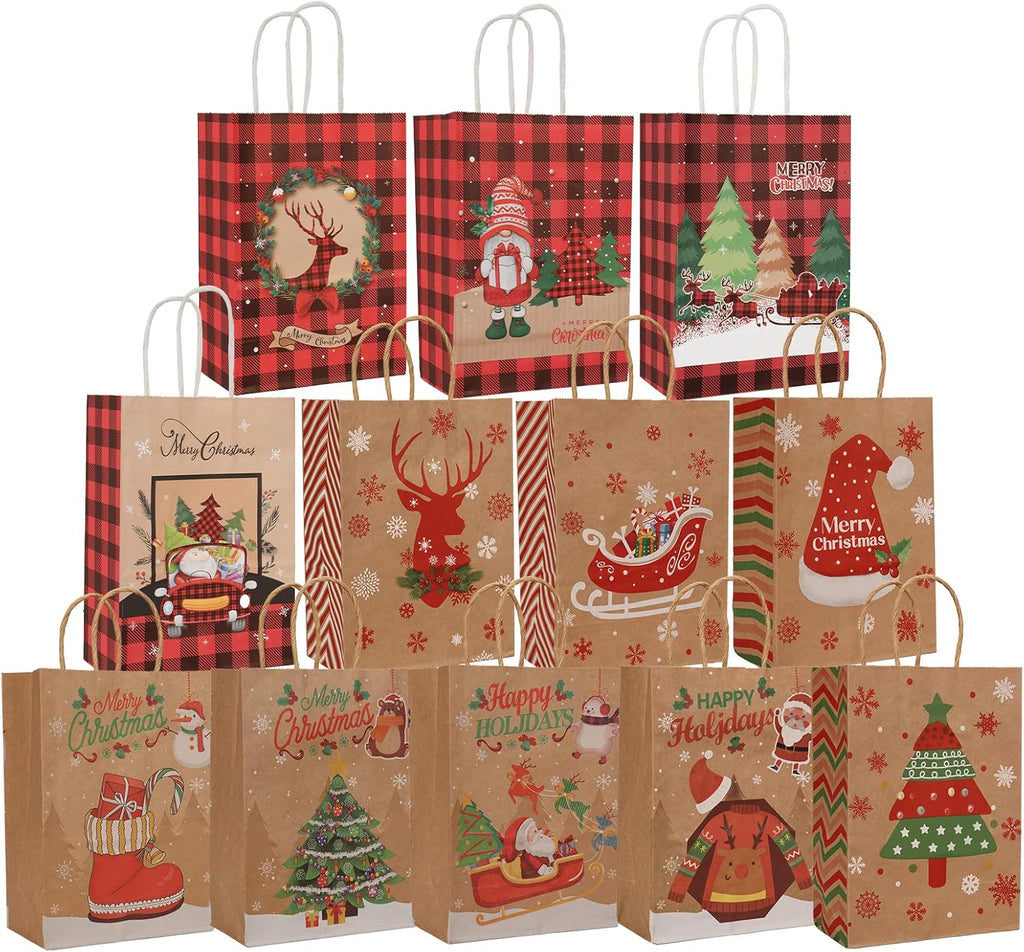 CSYY Xmas Kraft Gift Bags, 12 PCS Christmas Paper Bag with Handle, Party Bags for Present, Xmas Paper Party Favor Gift Bags for Christmas Supplies(21 x 15 x 8 cm)