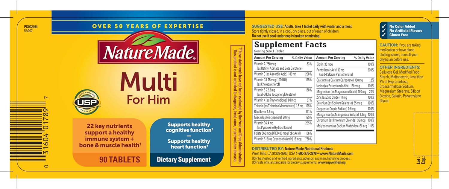 Nature Made Multivitamin for Him, Mens Multivitamins with No Iron, Daily Nutritional Support, Nature Made Multi Mens Vitamins & Minerals, 90 Tablets, 90 Day Supply