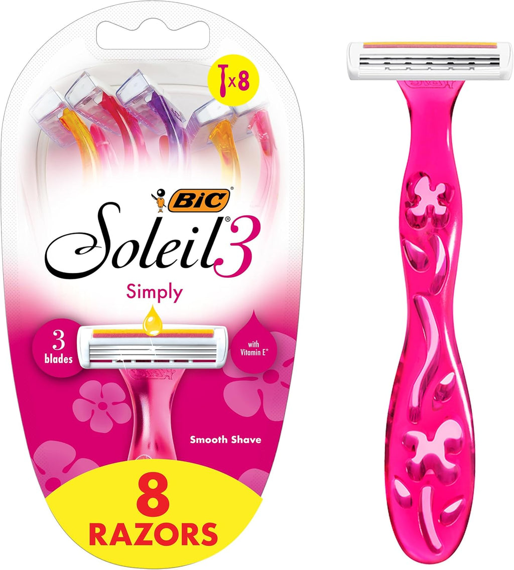 BIC Soleil 3 Simply Women's Disposable 3-Blade Razors, Soothing Moisture Strip and Comfortable Handle, 8-Pack