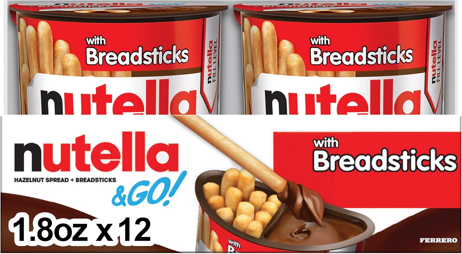 Nutella & GO! Chocolate Hazelnut Spread with Cocoa + Breadsticks, 12 Snack Packs, 1.8 oz Each