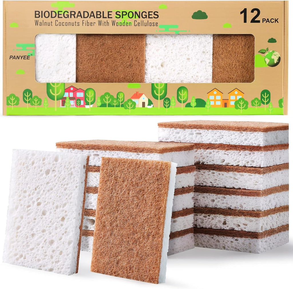 PANYEE Biodegradable Natural Kitchen Sponge，Eco Friendly Sponges for Dishes,Compostable Cellulose Sponge with Natural Plant Based Coconut Walnut Sustainable Scrubber Pack of 12