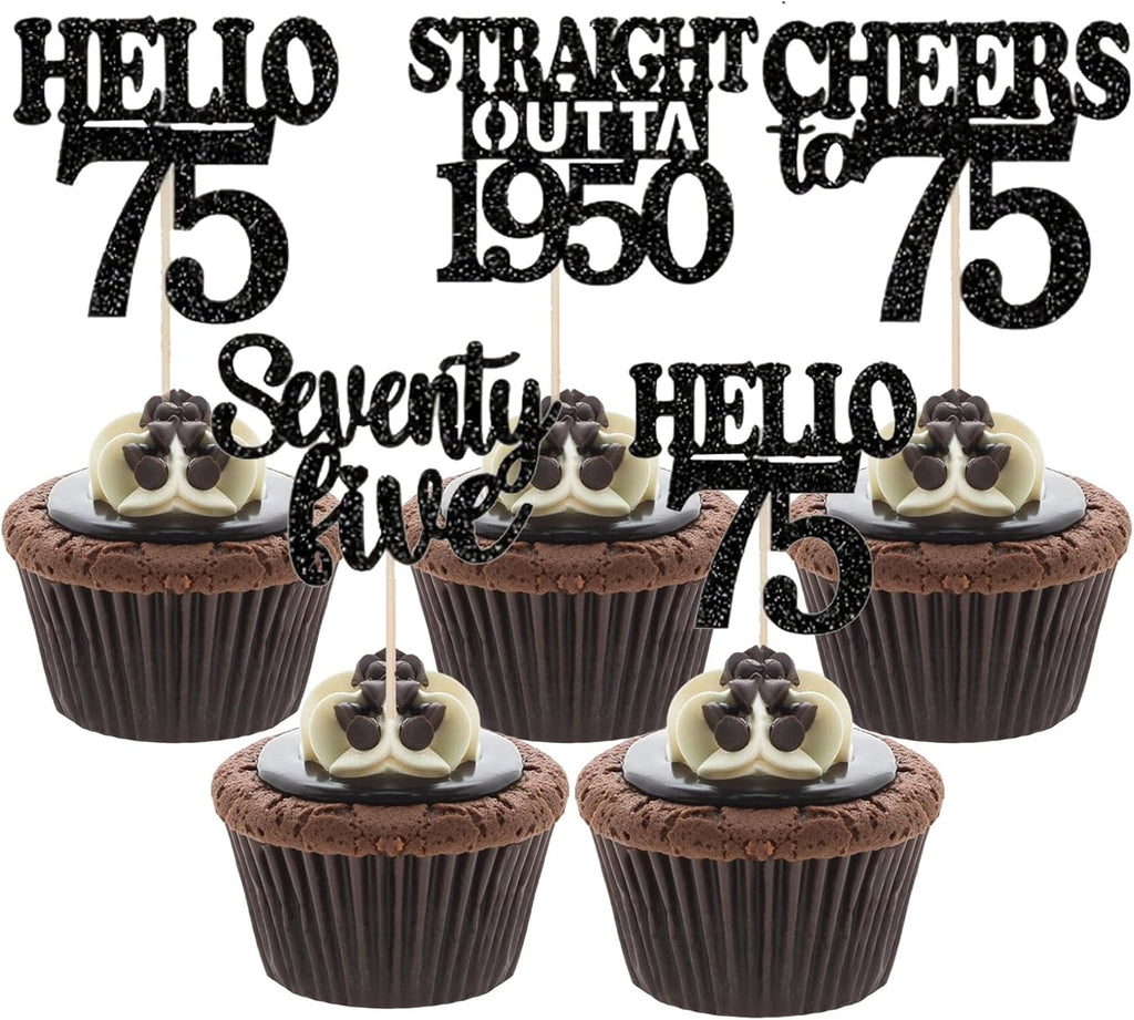 12 Pack 75th Birthday Cupcake Toppers Glitter Hello 75 Cupcake Decor for Men Women Cheers to Seventy Five Years Birthday Cupcake Decorations Supplies
