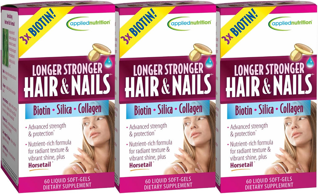 Applied Nutrition Longer Stronger Hair & Nails - 60 Liquid Soft-Gels, Pack of 3 - Biotin, Silica & Collagen - 90 Servings