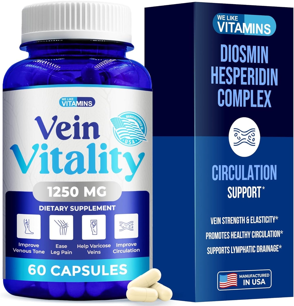 We Like Vitamins Vein Vitality 1250mg Diosmin Hesperidin Complex for Varicose Veins Treatment, Horse Chestnut, Butchers Broom, Bioflavonoids - Supports Blood Circulation for Leg Veins- 60 Capsules
