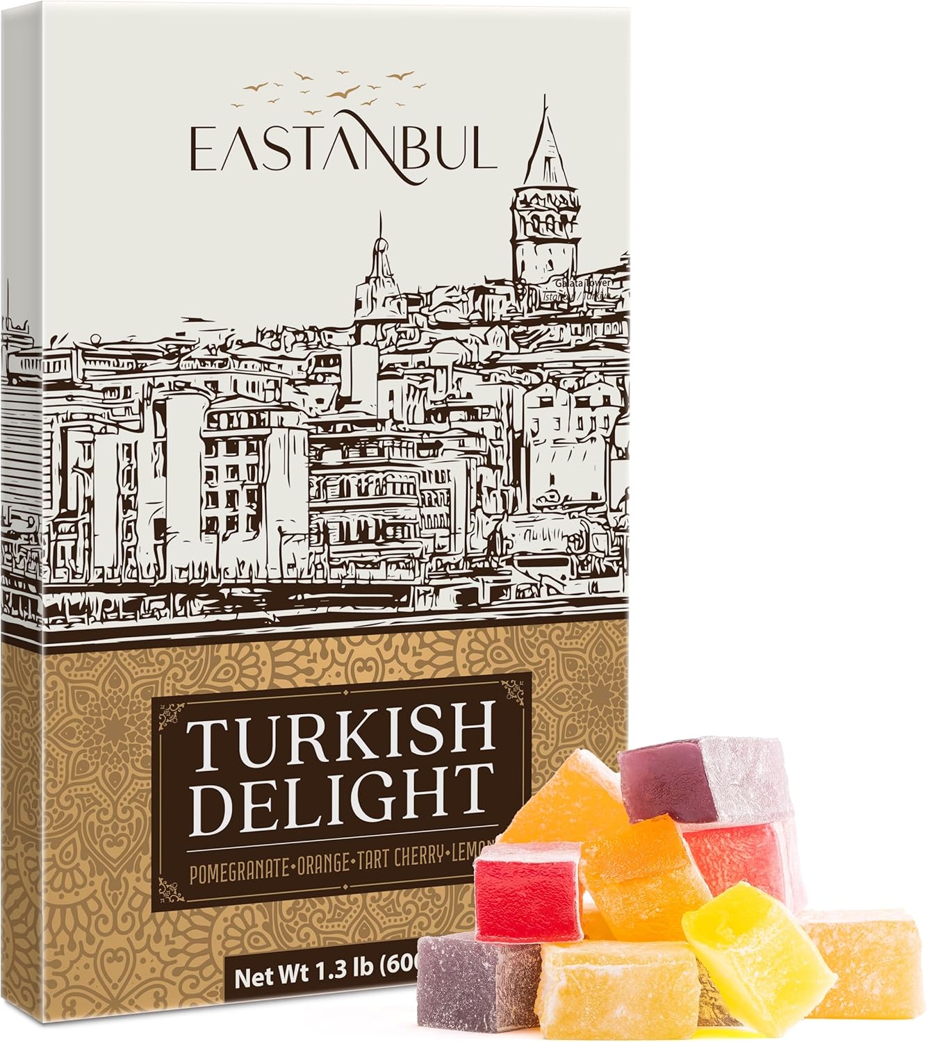 Eastanbul Turkish Delight Candy 21.2oz, 4 Flavors Pomegranate, Orange, Tart Cherry & Lemon Turkish Delights Assorted, Foreign Candy of Turkish Lokum, Turkish Delight Plain, International Candy Box